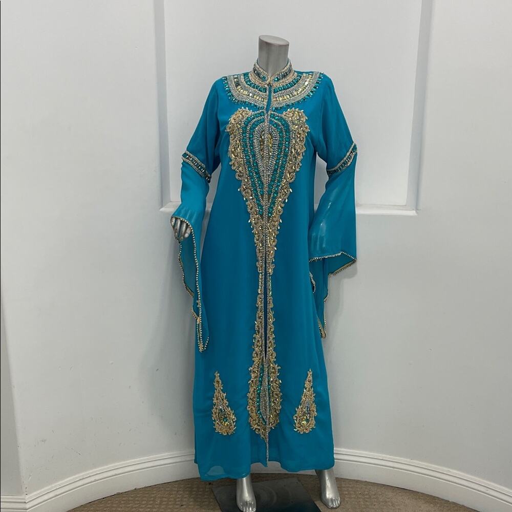 Moroccan Kaftan Maxi Dress Turquoise Hand Beaded Dubai Style Long Sleeve Formal - Picture 16 of 16